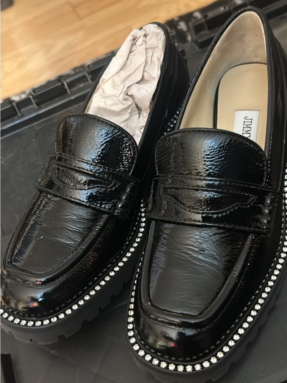 Jimmy Choo Black Patent Leather Rhinestone-Trim Lug Sole Loafers